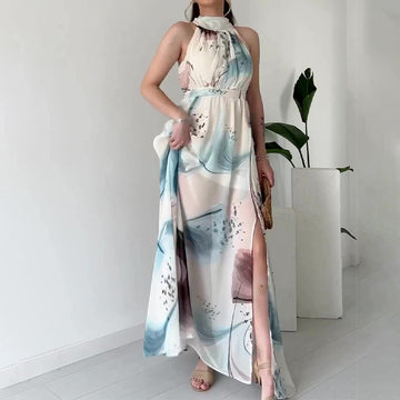 Women's Summer Hanging Neck High Waist Repair Sexy Graffiti Lace Open Dress